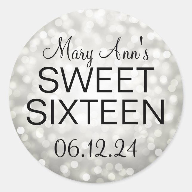 Elegant Sweet 16 Birthday Silver Glitter Lights Classic Round Sticker (Front)