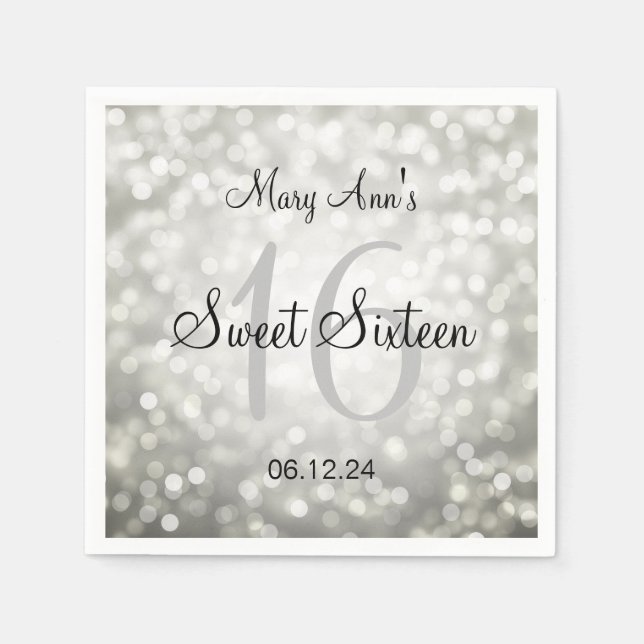 Elegant Sweet 16 Birthday Silver Glitter Lights Napkin (Front)