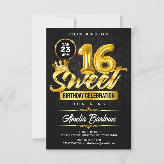 Elegant Sweet 16 Black and Gold Premuim Invitation (Front)