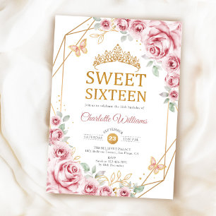 Elegant Sweet 16 Blush Pink Roses Gold Invitation