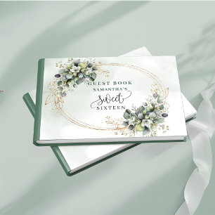 Elegant Sweet 16 botanical green white dusty green Guest Book