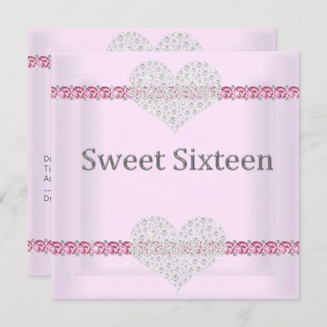 ELEGANT SWEET 16 Diamond Heart Pink Invitation (Front/Back)