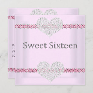 ELEGANT SWEET 16 Diamond Heart Pink Invitation