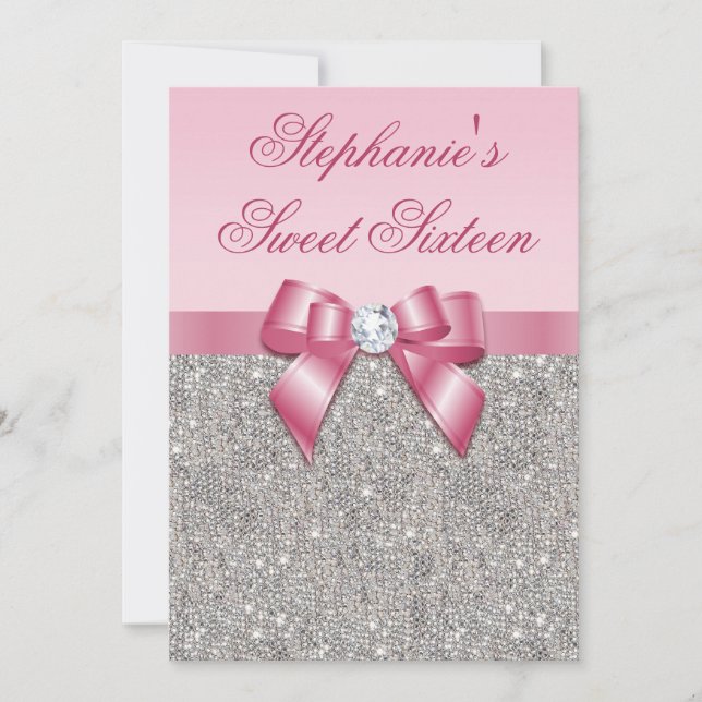 Elegant Sweet 16 Faux Silver Sequins Pink Bow Invitation (Front)