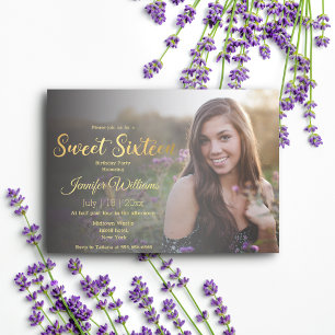 elegant sweet 16 gold chic calligraphy photo invitation