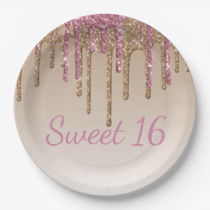 Elegant Sweet 16 Gold Glitter Script Ombré Paper Plate