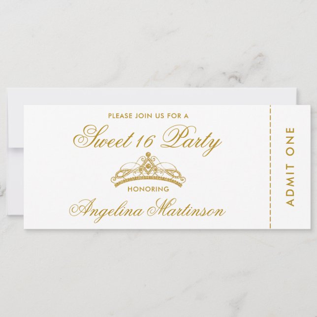 Elegant Sweet 16 Party Gold and White Ticket Invitation (Front)