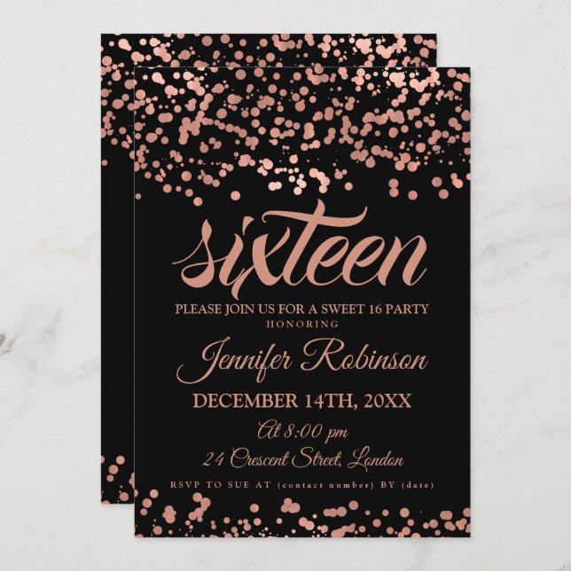 Elegant Sweet 16 Rose Gold & Black Foil Confetti Invitation (Front/Back)