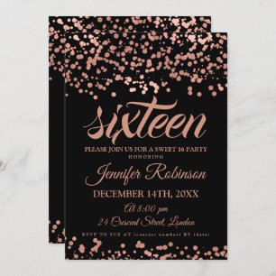Elegant Sweet 16 Rose Gold & Black Foil Confetti Invitation