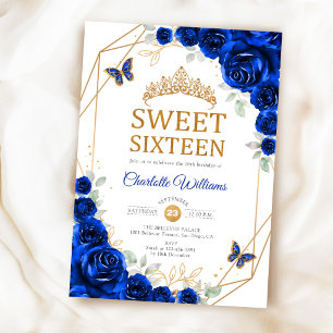Elegant Sweet 16 Royal Blue Roses Gold Invitation
