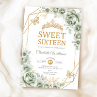 Elegant Sweet 16 Sage Green Roses Gold