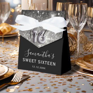 Elegant Sweet 16 Silver Glitter & Black Birthday Favour Box