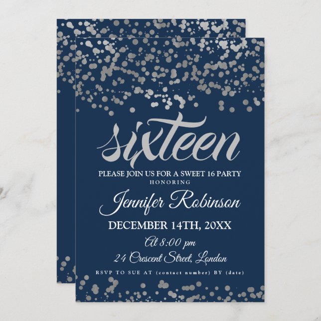 Elegant Sweet 16 Silver & Navy Foil Confetti Invitation (Front/Back)