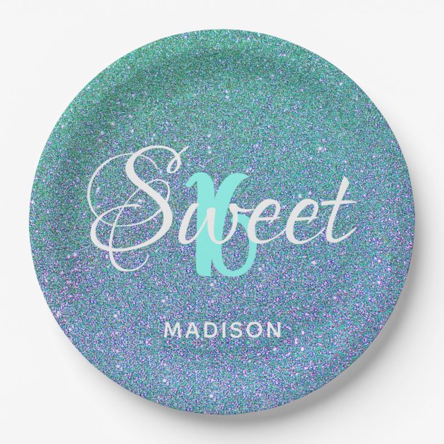Elegant Sweet 16 Teal Blue Glitter Personalised Paper Plate (Front)