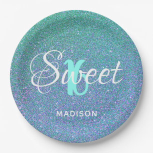 Elegant Sweet 16 Teal Blue Glitter Personalized Paper Plate