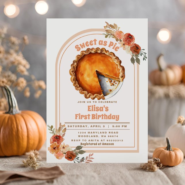 Elegant Sweet as Pie Boho Floral Arch 1st Birthday Invitation (Creator Uploaded)