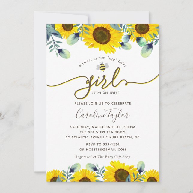 Elegant Sweet Bee Sunflowers Girl Baby Shower Invitation (Front)