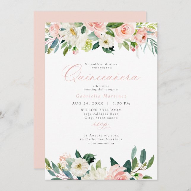 Elegant & Sweet Blush Pink Floral Quinceañera  Invitation (Front/Back)