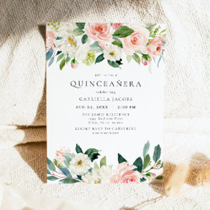 Elegant & Sweet Blush Pink Floral Quinceañera  Invitation
