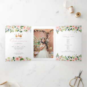 Elegant & Sweet Blush Pink Floral Quinceañera Tri-Fold Holiday Card