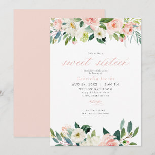 Elegant Sweet Blush Pink Floral Sweet 16 Birthday Invitation