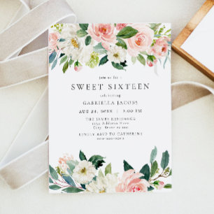 Elegant & Sweet Blush Pink Floral Sweet 16 Invitation