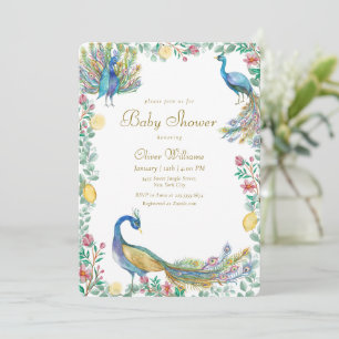 Elegant Sweet Floral Lemon Peacock Baby Shower Invitation