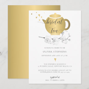 Elegant Sweet Gold Hearts Orchid Floral Bridal Tea Invitation