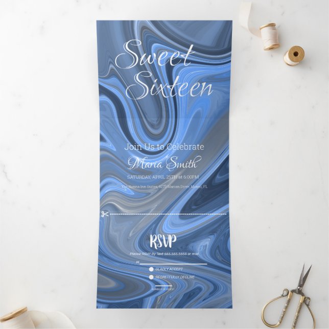 Elegant Sweet Liquid Marble | Agate Blue Tri-Fold Invitation (Inside)