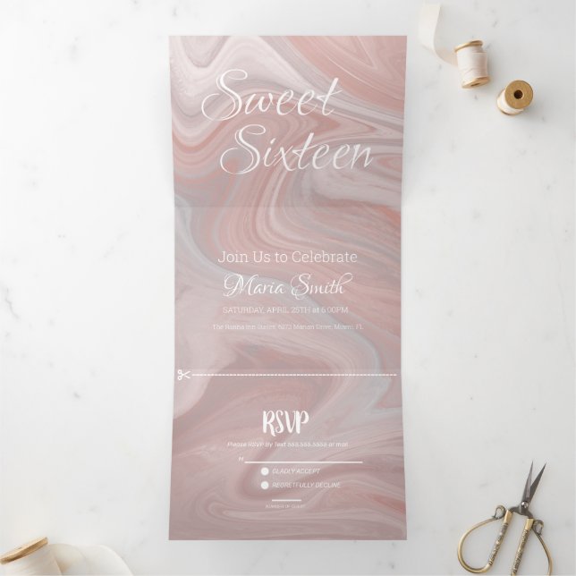 Elegant Sweet Liquid Marble | Agate Blush Pink Tri-Fold Invitation (Inside)