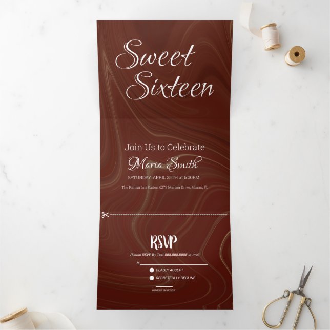 Elegant Sweet Liquid Marble | Agate Burgundy Tri-Fold Invitation (Inside)