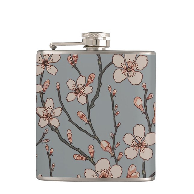 Elegant Sweet Pink Flower Blossom Cherry Pattern Hip Flask (Front)