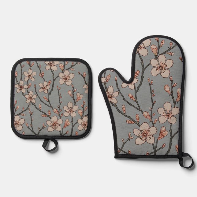 Elegant Sweet Pink Flower Blossom Cherry Pattern Oven Mitt & Pot Holder Set (Front)