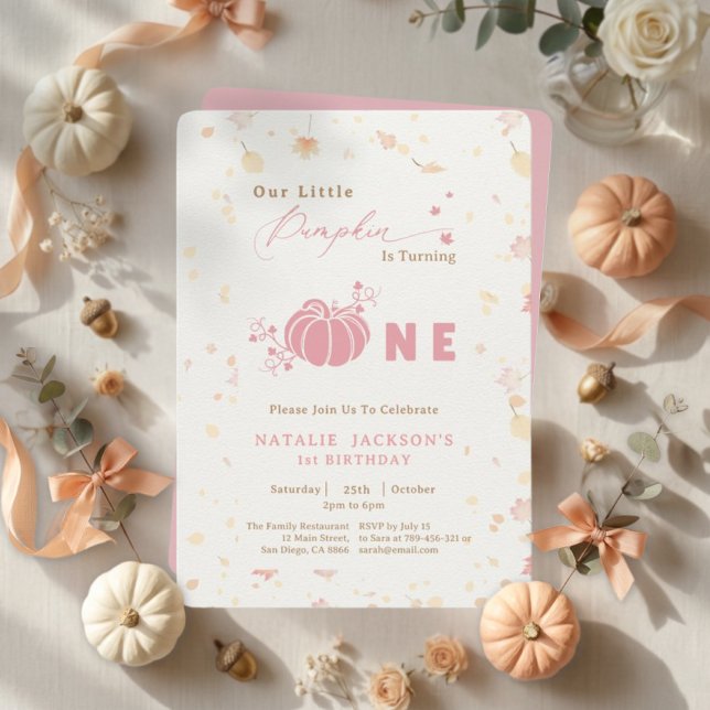  Elegant Sweet Pink Little Pumpkin 1st Birthday Invitation (Elegant Sweet Pink Little Pumpkin 1st Birthday Invitation)