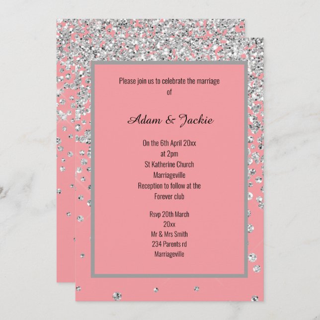 ELEGANT SWEET PINK SILVER  SPARKLE WEDDING CUSTOM INVITATION (Front/Back)