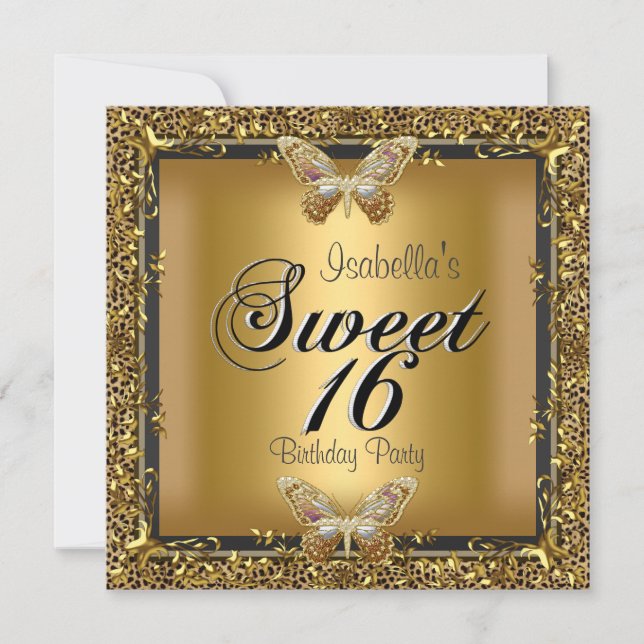 Elegant Sweet Sixteen 16 Leopard Gold Butterfly Invitation (Front)