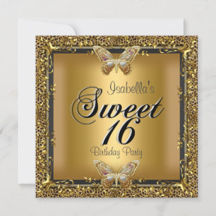 Elegant Sweet Sixteen 16 Leopard Gold Butterfly Invitation