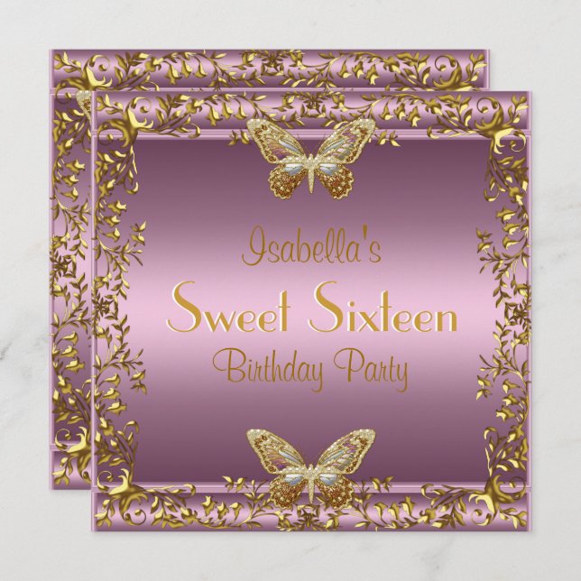 Elegant Sweet Sixteen Birthday Pink Gold Butterfly Invitation (Front/Back)