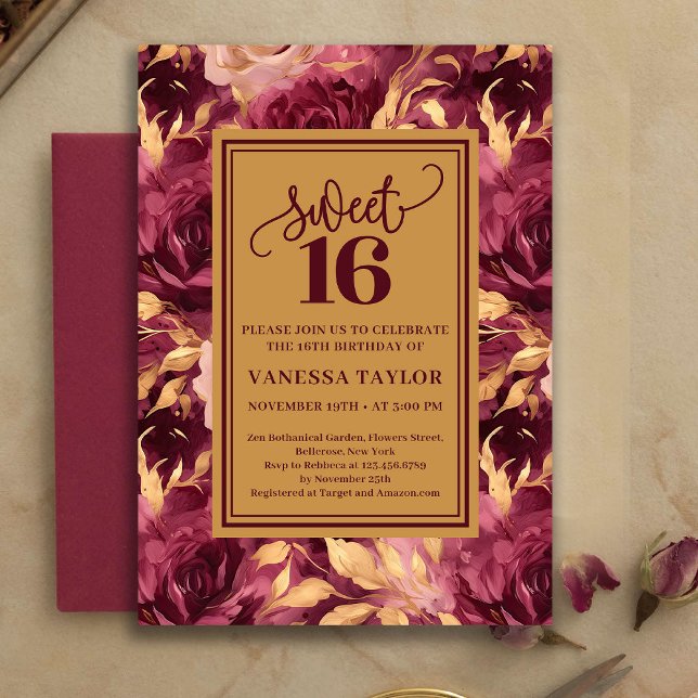 Elegant Sweet Sixteen Burgundy Blush Gold Invite (blush burgundy gold flowers roses,
boho watercolor deep red romantic,
burgundy blush sweet sixteen i)