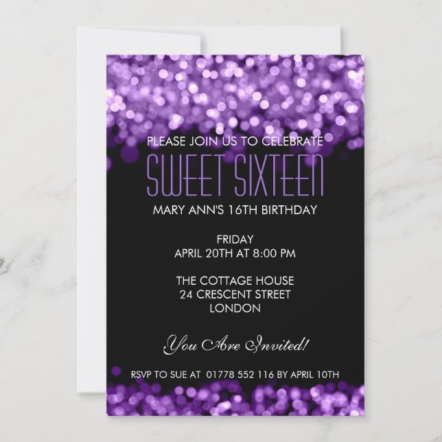 Elegant Sweet Sixteen Sparkling Lights Purple Invitation (Front)