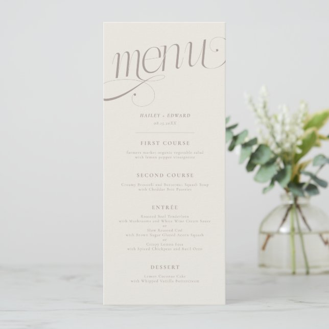 Elegant Swirl Greige Wedding Menu (Standing Front)