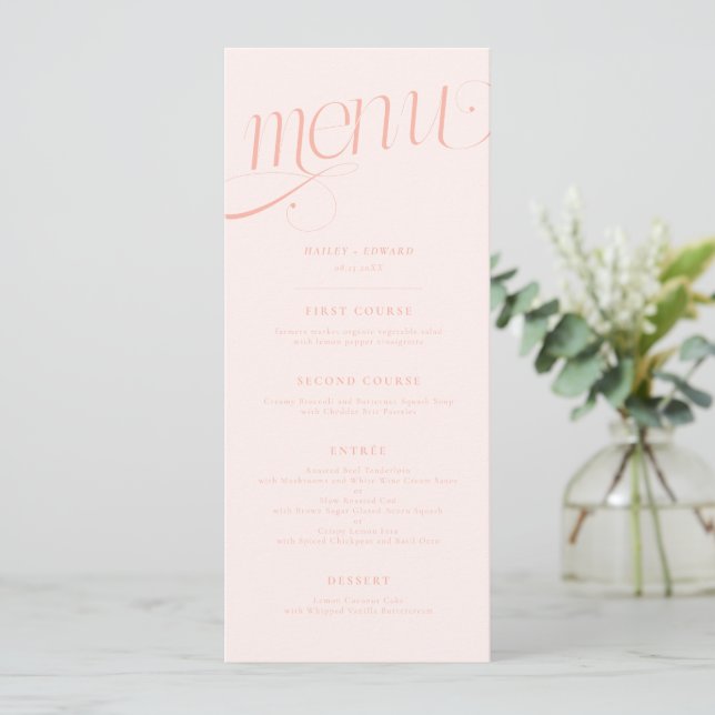 Elegant Swirl Peach Wedding Menu (Standing Front)