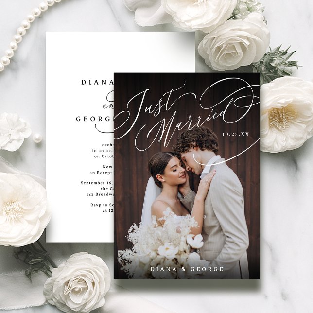 Elegant Swirl Script Just Married Photo Reception Invitation (Timeless Typography Just Married Photo Reception Invitation)