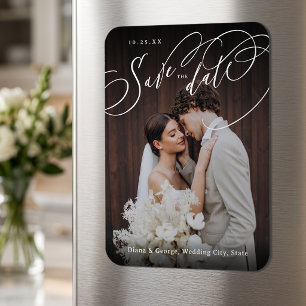 Elegant swirl script photo wedding save the date magnet