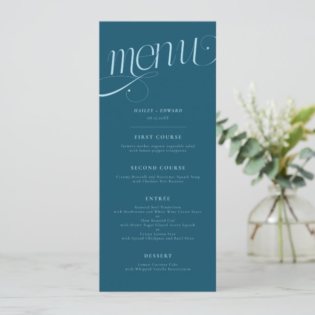 Elegant Swirl Teal Wedding Menu (Standing Front)