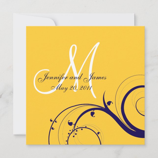 Elegant Swirl Yellow Navy Wedding Invitations (Front)