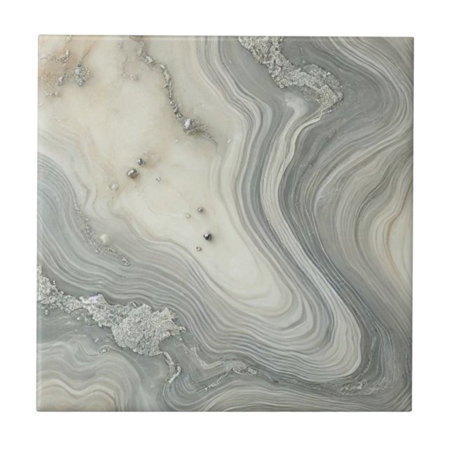 Elegant Swirled Marble Texture with Silver Accents Ceramic Tile (Front)