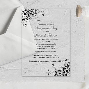 Elegant Swirls Black & White Engagement Party Acrylic Invitations