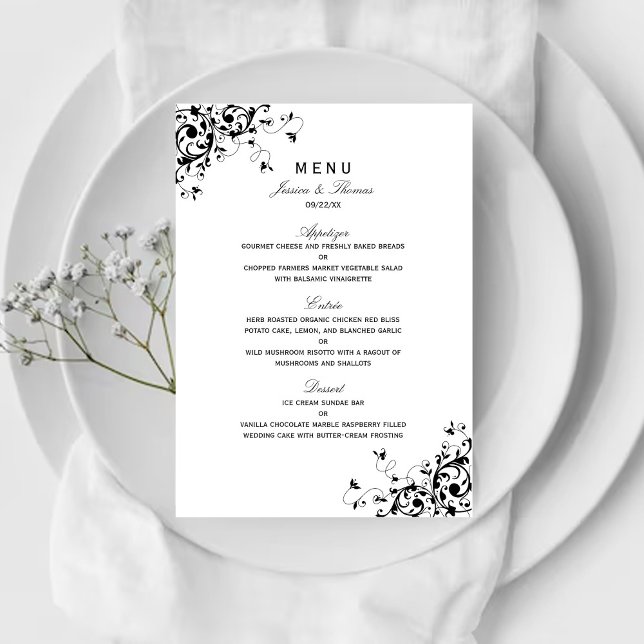 Elegant Swirls Black & White Wedding Menu (Creator Uploaded)