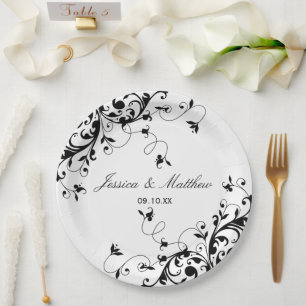 Elegant Swirls Black & White Wedding Paper Plate